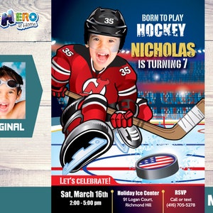 Invitation d'anniversaire du diable avec photo, invitation à la fête du diable, invitation à la fête du hockey avec photo, invitation d'anniversaire au hockey. 321