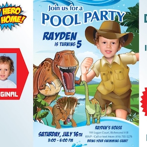 Peut inclure: Une invitation numérique pour une fête à la piscine sur le thème des dinosaures. L'invitation représente un garçon habillé en explorateur avec un dinosaure et un palmier en arrière-plan. Le texte sur l'invitation indique "Rejoignez-nous pour une fête à la piscine, Rayden a 5 ans, Samedi 16 juillet, 15h00-18h00, Chez Rayden, 191 Logan Court, Richmond Hill, RSVP-Appelez ou envoyez un SMS à Maman (416) 705-5278, Apportez votre maillot de bain !"