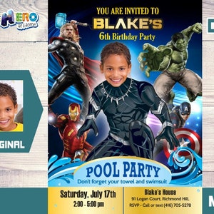 Black Panther Pool Party Invitation, Black Panther Digital Invitation, Black Panther waterslide, Wakanda Forever pool party. 174