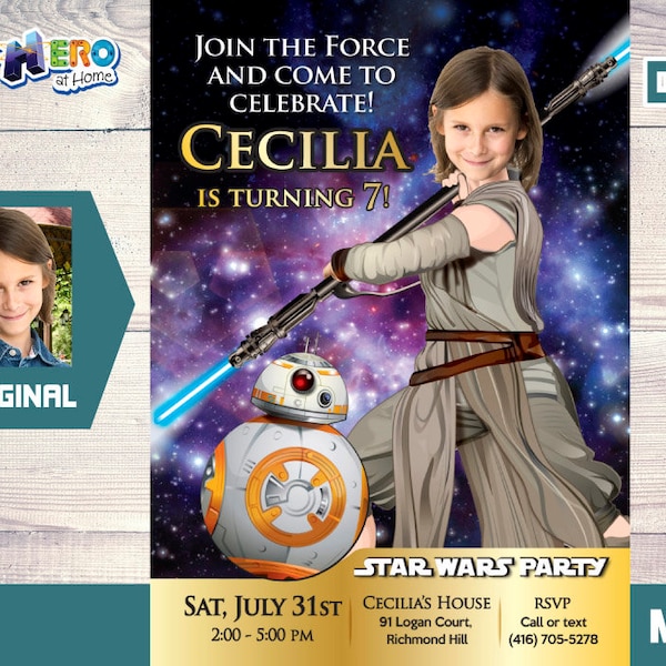 Invitación Star Wars con su niña como la Jedi Rey junto a BB-8. Invitación de Cumpleaños Star Wars para niñas. El Despertar de la Fuerza.