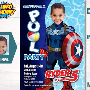 Capt America Pool party template, Capt America Pool party Invitation with photo, Capt America Water Slide Party, Capt America Invite. 697