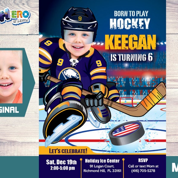 Sabres Birthday Invitation with photo, Sabres Party template invitation, Hockey Party invitation, Hockey digital invitation with photo. 335