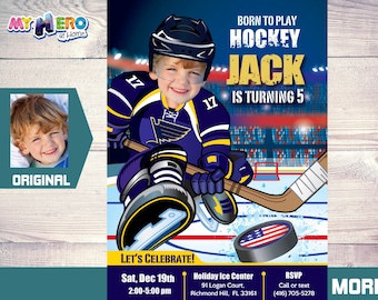 Hockey Birthday Invitation with photo, Children Hockey Party flyer, Hockey Digital invite, Hockey Birthday flyer, Hockey party template. 307