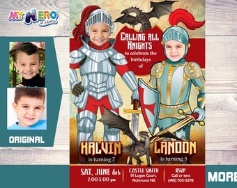 Joint Knights Birthday Invitation, Joint Dragons Birthday, Knights Siblings Birthday, Knights and Dragons theme Party, Knights party. 221