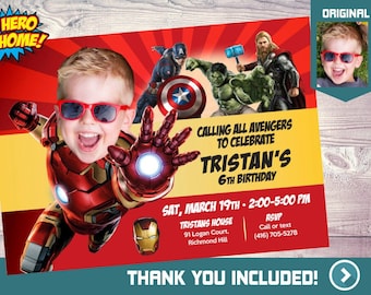 Custom Ironman Avengers Birthday Invitation with kid as the star (thank you tags included). 097C