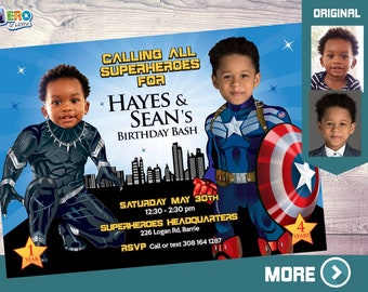 Captain America and Black Panther Invitation, Joint Avengers Party, Black Panther and Captain America Birthday Party Invitation. 163