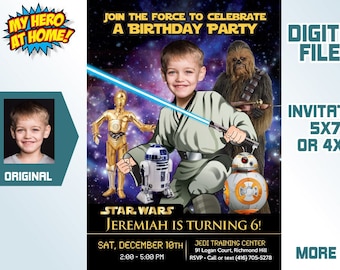 Jedi Birthday Invitation, Star Wars theme Party, Star Wars Invitation, Jedi photo invitation, Star Wars photo invitation, Jedi Digital. 018V