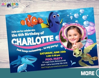 Faire-part d'anniversaire au bord de la piscine Le Monde de Dory personnalisé avec photo (fichier numérique). 223