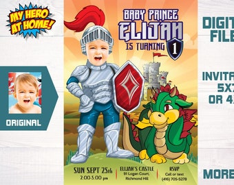 Baby Knight Invitation, Dragons Invitation, Knights and Dragons Birthday, Medieval 1st Birthday Invitation, Medieval Baby Invitation. 217