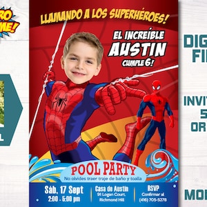 Convite Spiderman personalizado, Convite digital Spiderman, Convite Pool Party Spiderman, Convite de Spiderman Espanhol. 105SP