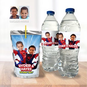 May include: A juice pouch and two water bottles with custom labels featuring two children dressed as Spider-Man. The labels read "Ryder & Hayes Birthday Party". The juice pouch has a yellow straw.