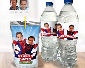May include: A juice pouch and two water bottles with custom labels featuring two children dressed as Spider-Man. The labels read "Ryder & Hayes Birthday Party". The juice pouch has a yellow straw.