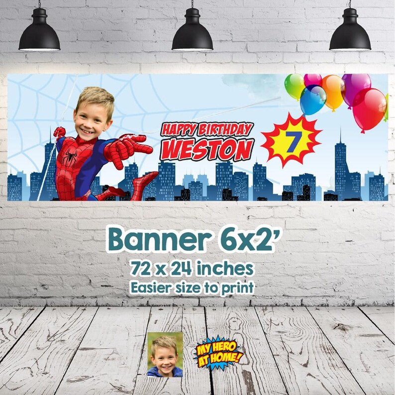 May include: A personalized birthday banner featuring a child dressed as Spider-Man. The banner reads "Happy Birthday Weston" with a number 7. It includes a cityscape background and colorful balloons. The banner size is 6x2 feet.