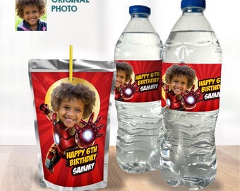 Iron Man water wrappers, Iron Man water labels, Iron Man party juice labels, Iron Man Capri sun labels, Iron Man snacks party labels. 098WJ