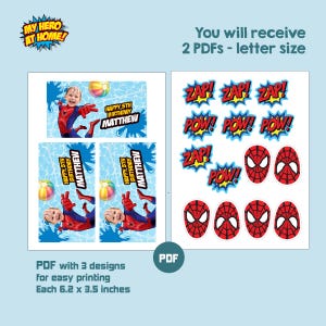 K&ouml;nnte beinhalten: Ein Satz druckbarer PDF-Designs mit Spider-Man-Motiv. Enth&auml;lt Geburtstagsdekorationen mit einem als Spider-Man verkleideten Kind, Comic-Soundeffekten und Spider-Man-Masken-Designs. Jedes Design ist 15,7 x 8,9 cm gro&szlig;.