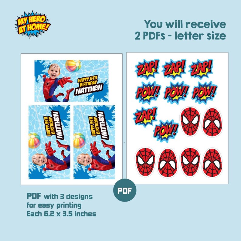 K&ouml;nnte beinhalten: Ein Satz druckbarer PDF-Designs mit Spider-Man-Motiv. Enth&auml;lt Geburtstagsdekorationen mit einem als Spider-Man verkleideten Kind, Comic-Soundeffekten und Spider-Man-Masken-Designs. Jedes Design ist 15,7 x 8,9 cm gro&szlig;.