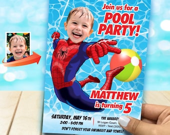 Personalized Spider-Man Pool Party Invitation featuring kid as the star (Digital File) 932CIN