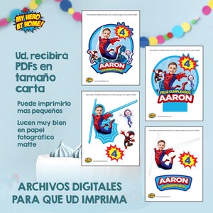 K&ouml;nnte beinhalten: Vier druckbare digitale Tortendecker mit einem Spiderman-Cartoon-Charakter, auf dessen Gesicht das Gesicht eines Kindes &uuml;berlagert ist. Die Topper enthalten den Namen "Aaron" und die Zahl "4". Ein Topper lautet "Feliz Cumplea&ntilde;os Aaron".