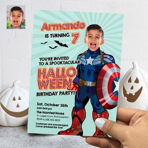 Captain America Halloween birthday Invitation, Captain America Halloween party template, Halloween Capt America flyer with photo. 760