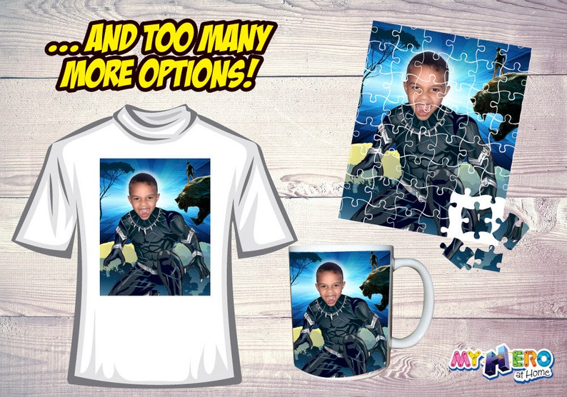 May include: White t-shirt, mug, and puzzle featuring a young person dressed as a superhero. The shirt and mug display the image, while the puzzle shows the same image in pieces. Text reads "...AND TOO MANY MORE OPTIONS!"