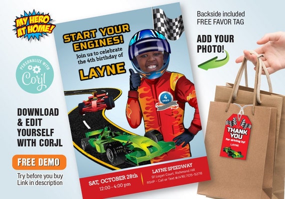 Race Car Invitation with Photo, Editable Race Car birthday Invitation, Race Car favor tags, Race Car thank you tags. 1019 Il_570xn