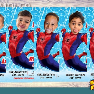 Peut inclure: Cartes d'invitation avec des visages d'enfants superpos&eacute;s sur le corps de Spider-Man, avec les d&eacute;tails de l'&eacute;v&eacute;nement. Les invitations ont un fond bleu avec des motifs d'eau et incluent les dates, les heures et la phrase "My Hero at Home!"