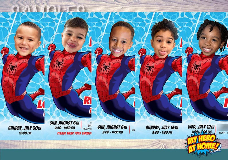 Peut inclure: Cartes d'invitation avec des visages d'enfants superpos&eacute;s sur le corps de Spider-Man, avec les d&eacute;tails de l'&eacute;v&eacute;nement. Les invitations ont un fond bleu avec des motifs d'eau et incluent les dates, les heures et la phrase "My Hero at Home!"