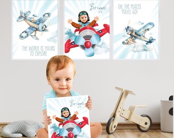 Airplane Posters with your kid as the star, Custom Airplane Nursery Prints, Airplane Decor, Set Airplanes Prints, Boy Airplanes Prints. 909