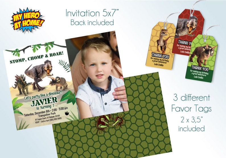 T-Rex Invitation with photo, Dinosaurs Photo Invitation, Tyrannosaurs Invitation, Tyrannosaurs favor tags, T-Rex photo Invitation. 1042H image 3