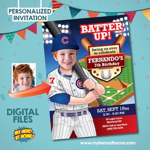 Invito per festa di compleanno a tema baseball, modello baseball, festa a tema Cubs, invito per compleanno Cubs con foto, invito per compleanno a tema baseball. 745