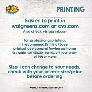 May include: Image with the text "PRINTING" and instructions for printing, including website addresses for Walgreens, CVS, and Vistaprint. It also recommends Prints of Love and provides a discount code.