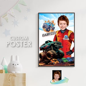 Monster Truck Poster with photo, Custom Monster Truck Gifts, Monster Truck Smash Crash wall, Monster Truck backdrop, Trucks decor. 916C