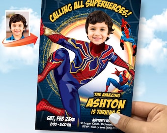 Iron Spiderman Party-Einladung mit Geburtstagskind als Hauptcharakter (druckbar, Digital). 555 ZOLL
