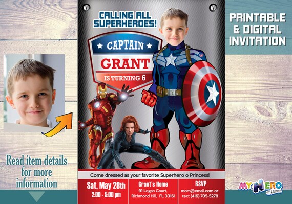 Captain America Birthday Invitation. Captain America Party Invitation. Avengers Birthday Invitation. Captain America theme birthday. 076 Il_570xn
