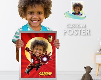 Lámina de Iron Man con un niño como protagonista, regalos personalizados de Iron Man con foto. 098PS