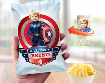 Envoltorios de bolsas de papas fritas del Capitán América con foto (etiquetas de bocadillos del Capitán América) 075CB