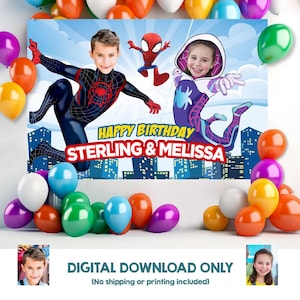 Op de afbeelding: Een verjaardagsachtergrond met Spider-Man- en Spider-Gwen-personages, met de tekst "HAPPY BIRTHDAY STERLING & MELISSA." Kleurrijke ballonnen in verschillende kleuren omringen de achtergrond. De onderkant van de afbeelding luidt "DIGITAL DOWNLOAD ONLY."