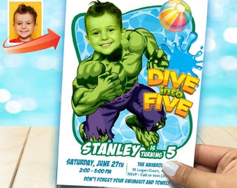Personalized Hulk Dive into age Pool Party Birthday Invitation with photo. 2293IN4