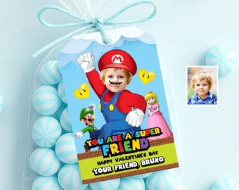 Etiquetas personalizadas de Dia dos Namorados do Super Mario com uma criança como estrela. 2331VL1