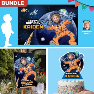 May include: A set of birthday party decorations with a space theme. Includes a poster, cake topper, and a personalized graphic with the text "Happy Birthday Kaiden". The design features an astronaut in an orange suit against a blue space background.