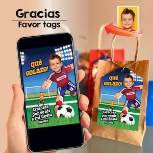 May include: A printable soccer-themed favor tag with a boy's photo, the text "qué GOLAZO!" and "Gracias por venir a mi fiesta Stanley".