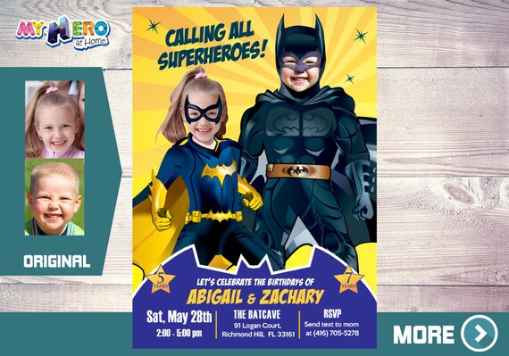 Batman and Batgirl Birthday Invitation. Batman and Batgirl Siblings Party. Joint Batman Party Ideas. Invitación de Batman y Batichica. 297 Il_570xn