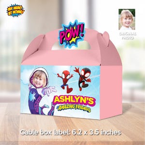 Custom Gwen Stacy Gable Box label, Gwen Stacy Gift Box with photo, Gwen Stacy Candy box favors, Ghost spider party favor box gift. 2039GB
