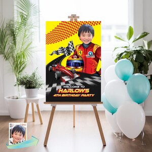 Race Car Welcome sign with photo, Race Car Yellow and Red welcome party, Race Car Birthday Sign, Race Car Party Entrance Sign. 2105