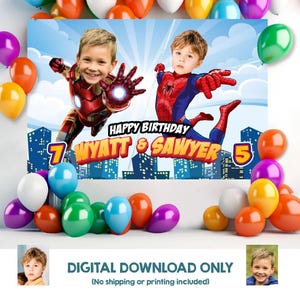 May include: A birthday banner featuring two children dressed as superheroes, Iron Man and Spider-Man, with the text "Happy Birthday Wyatt & Sawyer". The banner includes the numbers 7 and 5, and is surrounded by colorful balloons.
