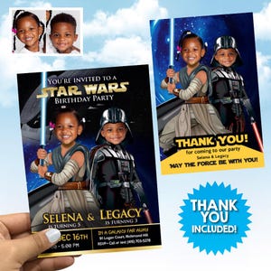 Custom Darth Vader and Jedi Rey birthday invitation, Joint Star Wars Invitation, Star Wars Siblings Invitation, Joint Star Wars favors. 040C