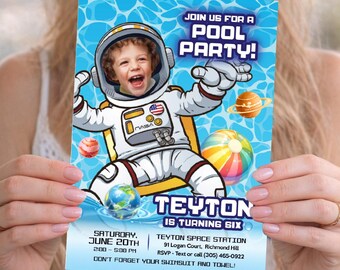 Custom Out of this World Pool Party Invitation with kid as an Astronaut. 733IN
