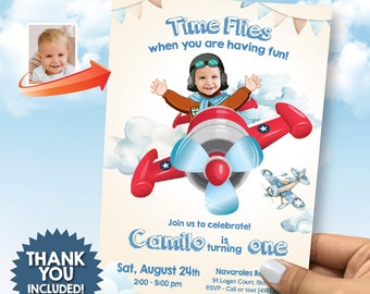 Airplane birthday Invitation with photo, Airplane 1st birthday invite, Time Flies 1st birthday Invitation, Baby Airplane thank you. 911