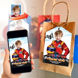 Danksagungskarte mit Foto, Rennfahrer Geschenkanhänger, Rennfahrer Gastgeschenk, Geschenktüte Geschenkanhänger. 926TY