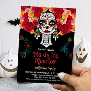 May include: A rectangular party invitation card featuring a central illustration of a face with sugar skull makeup, surrounded by red and yellow roses. The text reads: Join us to celebrate Dia de los Muertos Halloween Party, Saturday, November 2nd, 2:30 - 5:30, 91 Logan Court, Richmond Hill 12345, Please RSVP to (416) 705-5278, Costumes are encouraged. Come dressed for fun.